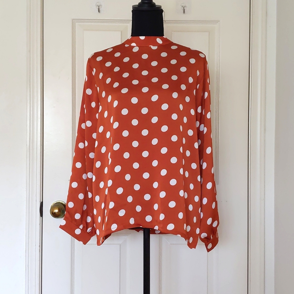 NWOT. Rust Colored Polka Dot Long Sleeve Blouse with 1" neck.